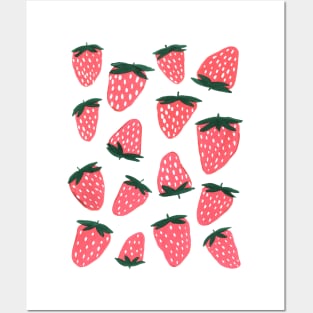 Organic summer strawberries coral and green Posters and Art